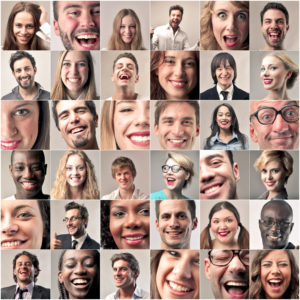 A collage of many different people smiling and laughing.